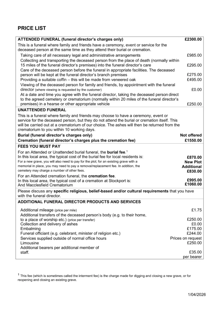 Price list of funeral fees from last wishes funeral services in new mills